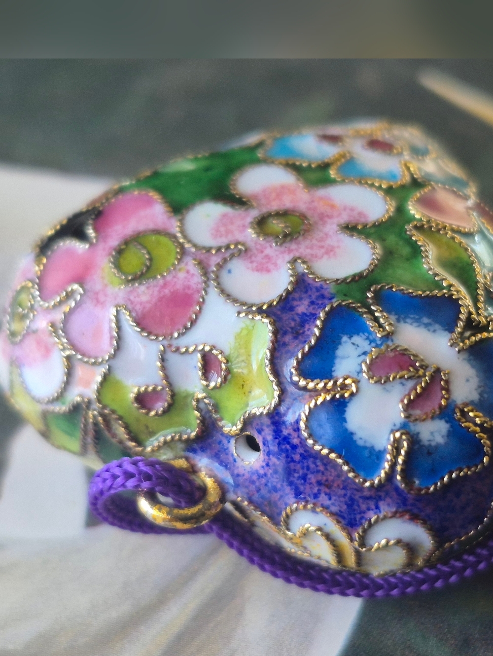Floral Cloisonné Heart Pendant Necklace - Purple, Blue & Green - Picture 1 of 10